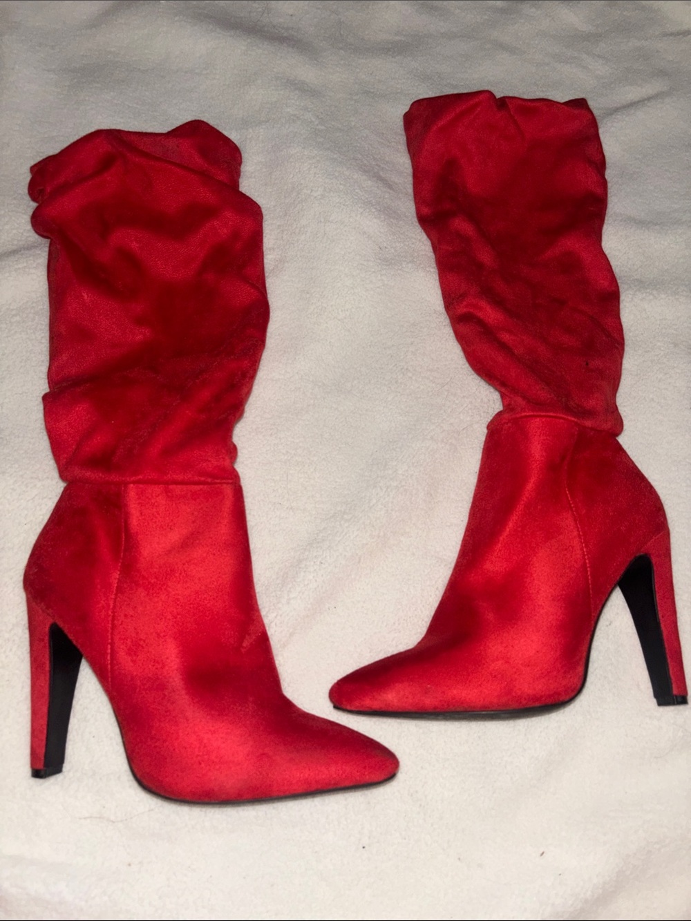 Red Suede Knee-High Stiletto Boots - Women
